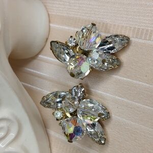 Vintage 60s AB Crystal Clip On Earrings Marque Beaded Dangle Wedding Bridal